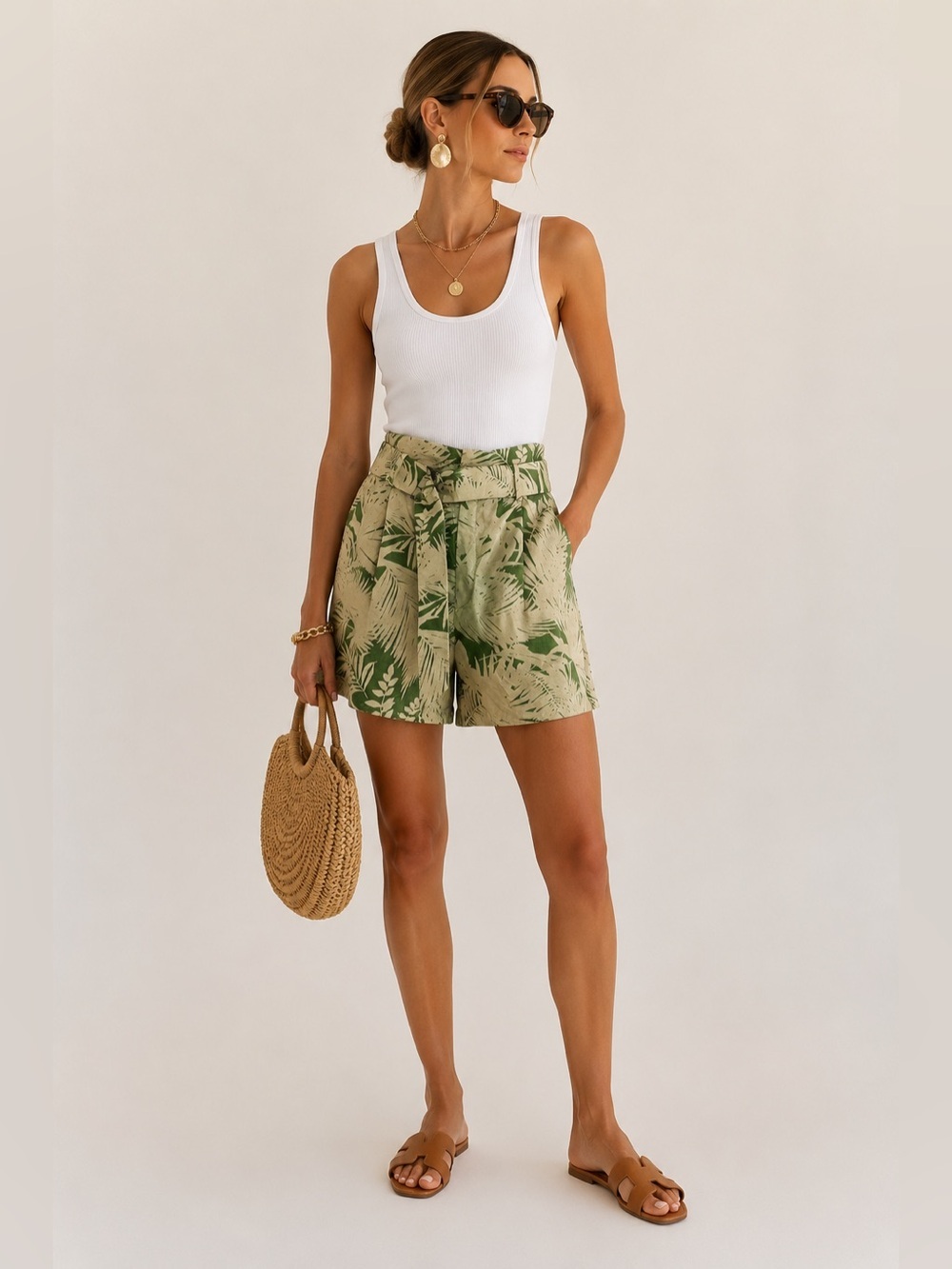 Mango Tropical Palm Leaf Belted Shorts 6 Green Vacay Resort Beachy Coastal Chic